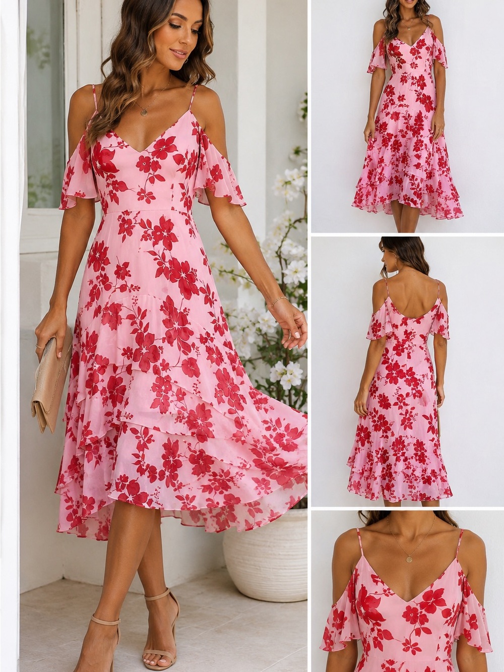 Lulus Valorous Vera Pink Red Floral Cold Shoulder Ruffle Midi Dress M